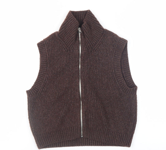 Weekday Women Brown Rib-Knit Wool Blend Zip Vest XS