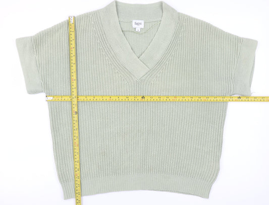Saint Tropez Women Green Cotton V-Neck Short Sleeve Knit Jumper M