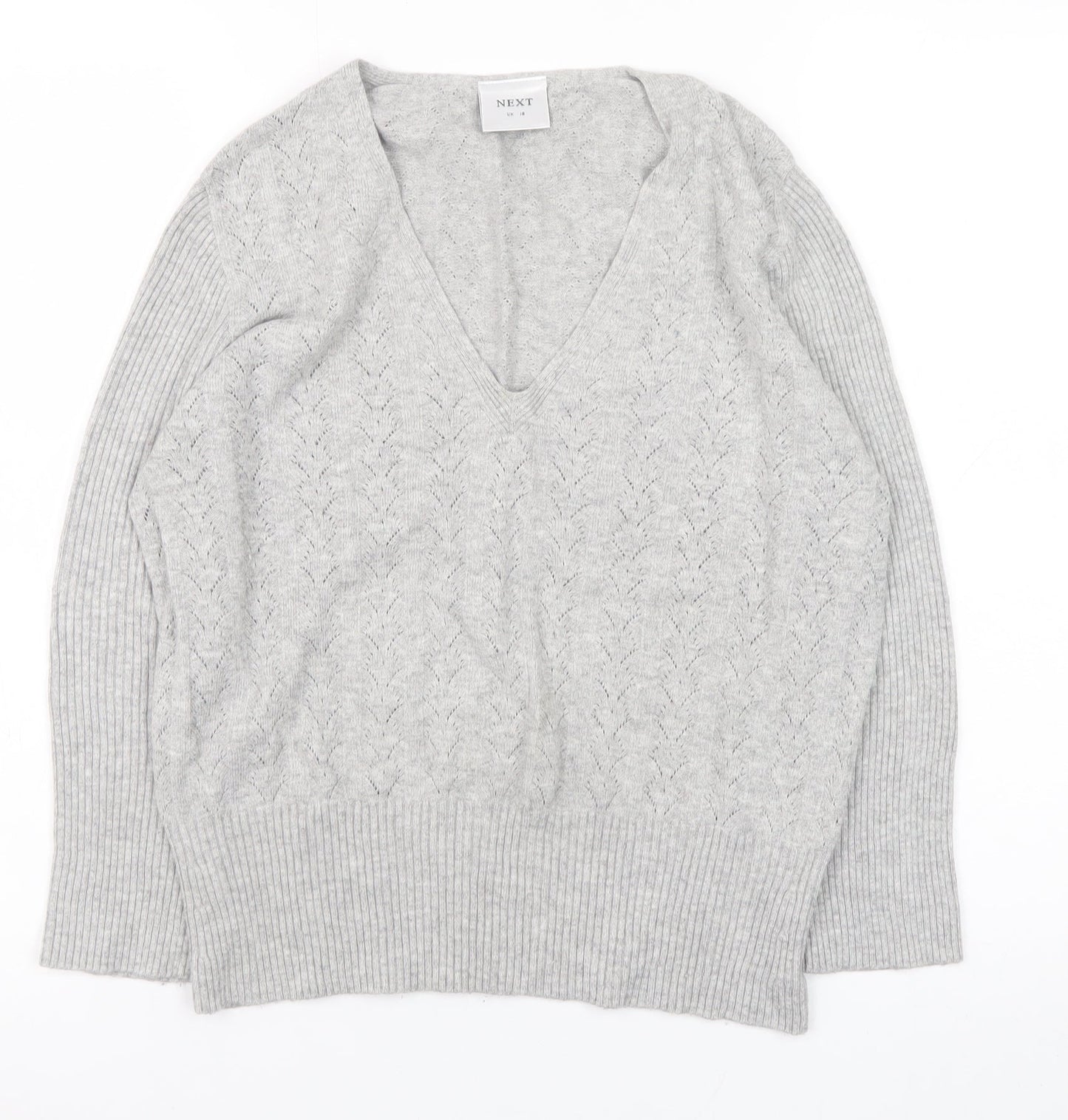 Next Women Grey V-Neck Long Sleeve Knit Jumper Size 18