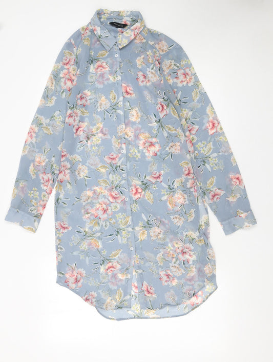 New Look Women Blue Floral Long Sleeve Button-Up Tunic Shirt UK 10