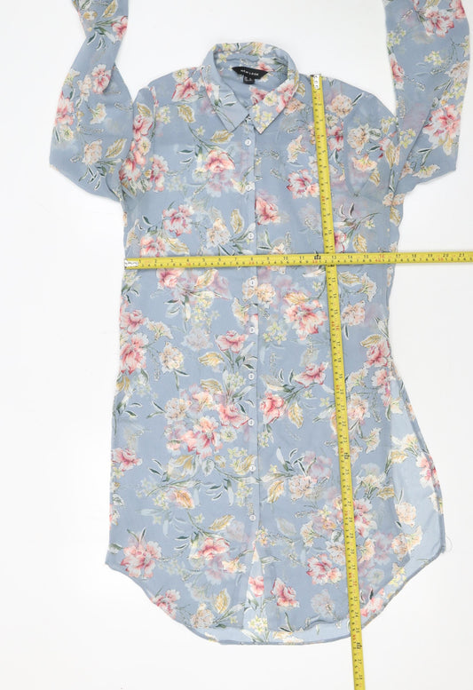 New Look Women Blue Floral Long Sleeve Button-Up Tunic Shirt UK 10