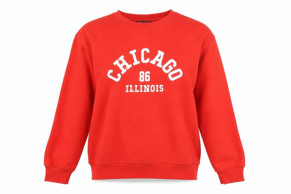 Front view of Dunnes Women’s Red Chicago 86 Illinois Pullover Sweatshirt, size S