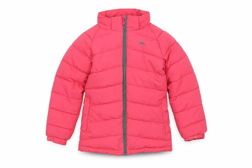 Front view of Trespass girls’ pink waterproof puffer jacket 7-8 years winter coat
