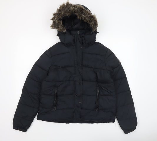 Superdry Womens Black Size 12 Puffer Jacket Hooded Winter Coat