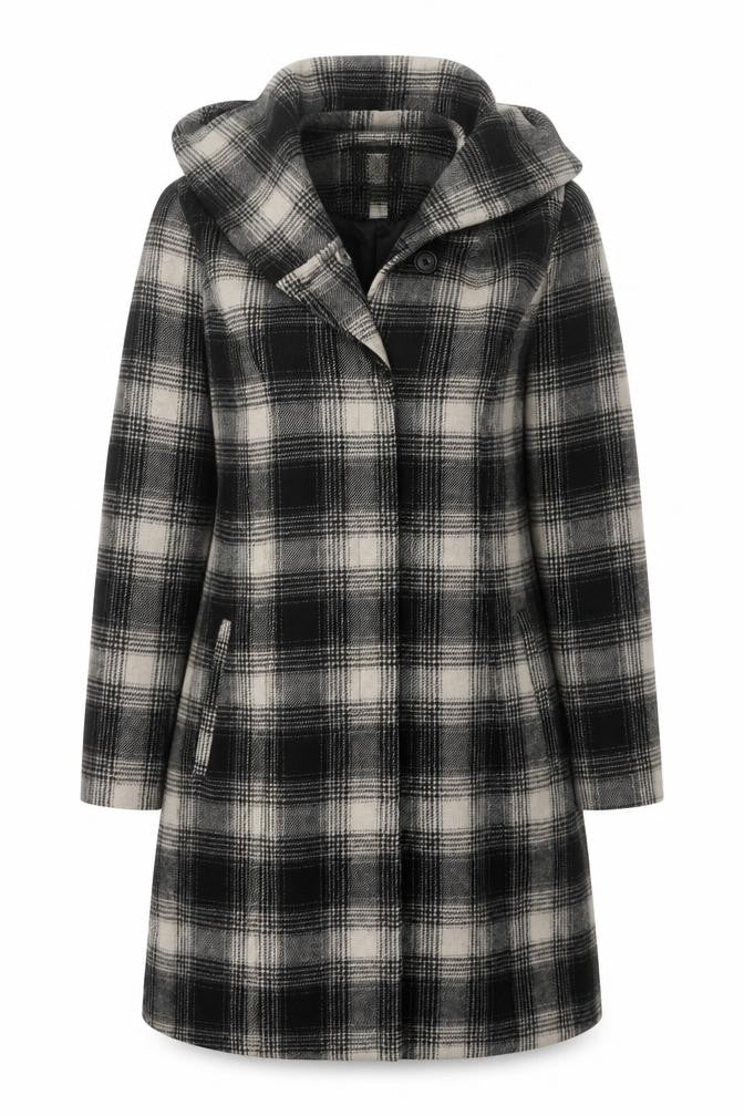 Cherokee Womens Grey Check Wool Blend Hooded Mid-Length Coat Size 12