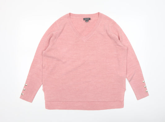Primark Womens Pink V-Neck Pullover Jumper Size M 12-14 Button Sleeve Knit