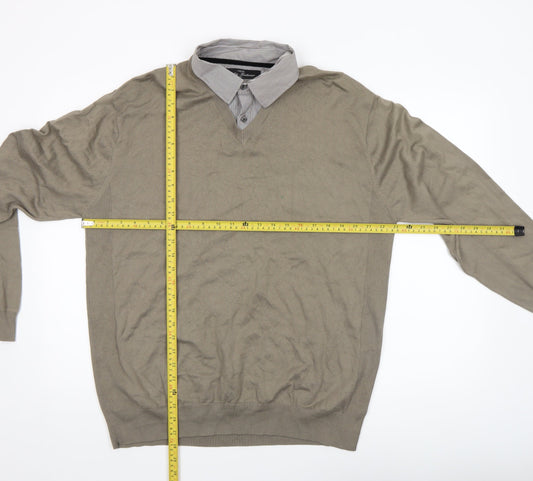 Next Mens Beige XL V-Neck Collared Pullover Cotton Jumper