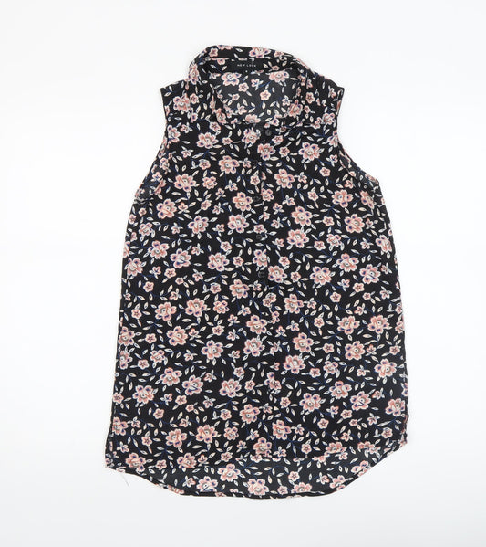 New Look Women's Black Floral Sleeveless Collared Blouse Size 8