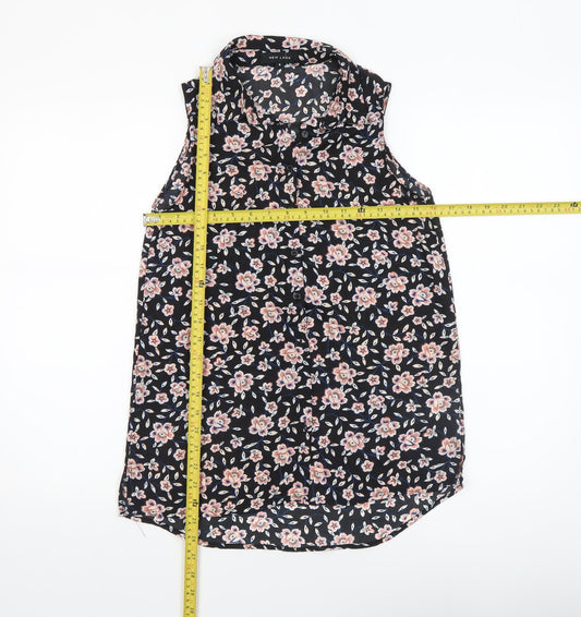 New Look Women's Black Floral Sleeveless Collared Blouse Size 8