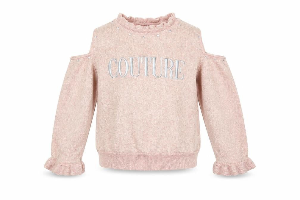 Front view of River Island girls’ pink 'couture' cold shoulder ruffle knit top 7-8 years