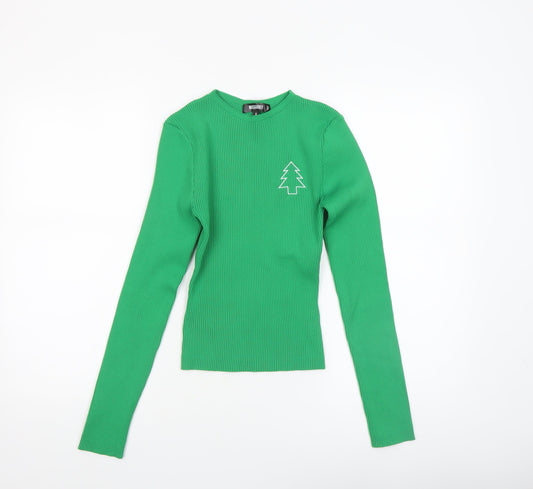 Missguided Women's Green Ribbed Christmas Long Sleeve Slim Fit Top S