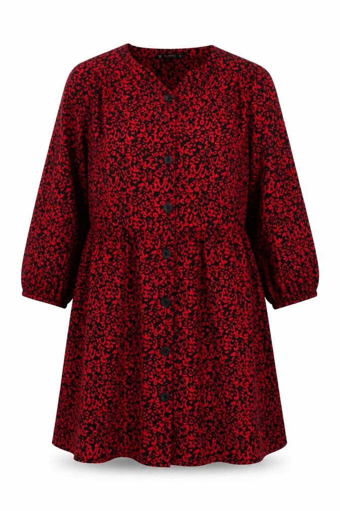 Front view of Dunnes Women Red Animal Print Button Front Shirt Dress, size 20