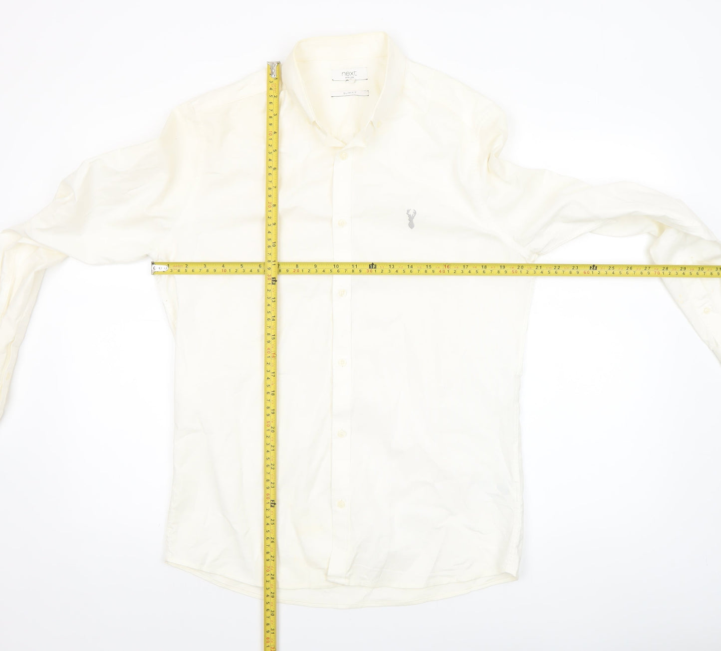 Next Men Ivory Slim Fit Cotton Stretch Long Sleeve Button-Up Shirt M
