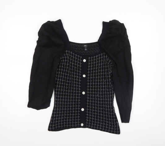 River Island Women Black Geometric Knit Puff Sleeve Cropped Blouse Size 10