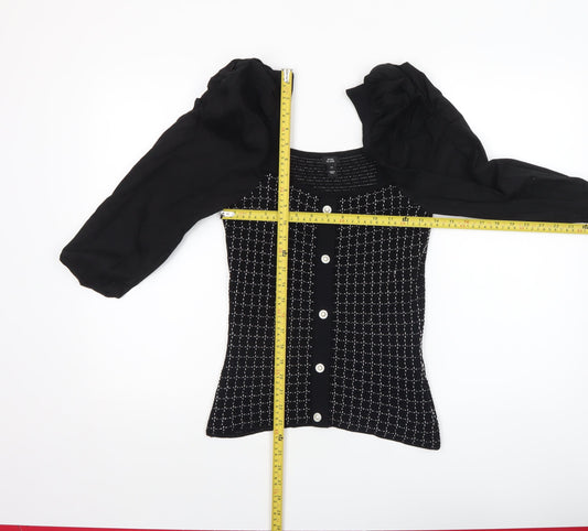 River Island Women Black Geometric Knit Puff Sleeve Cropped Blouse Size 10