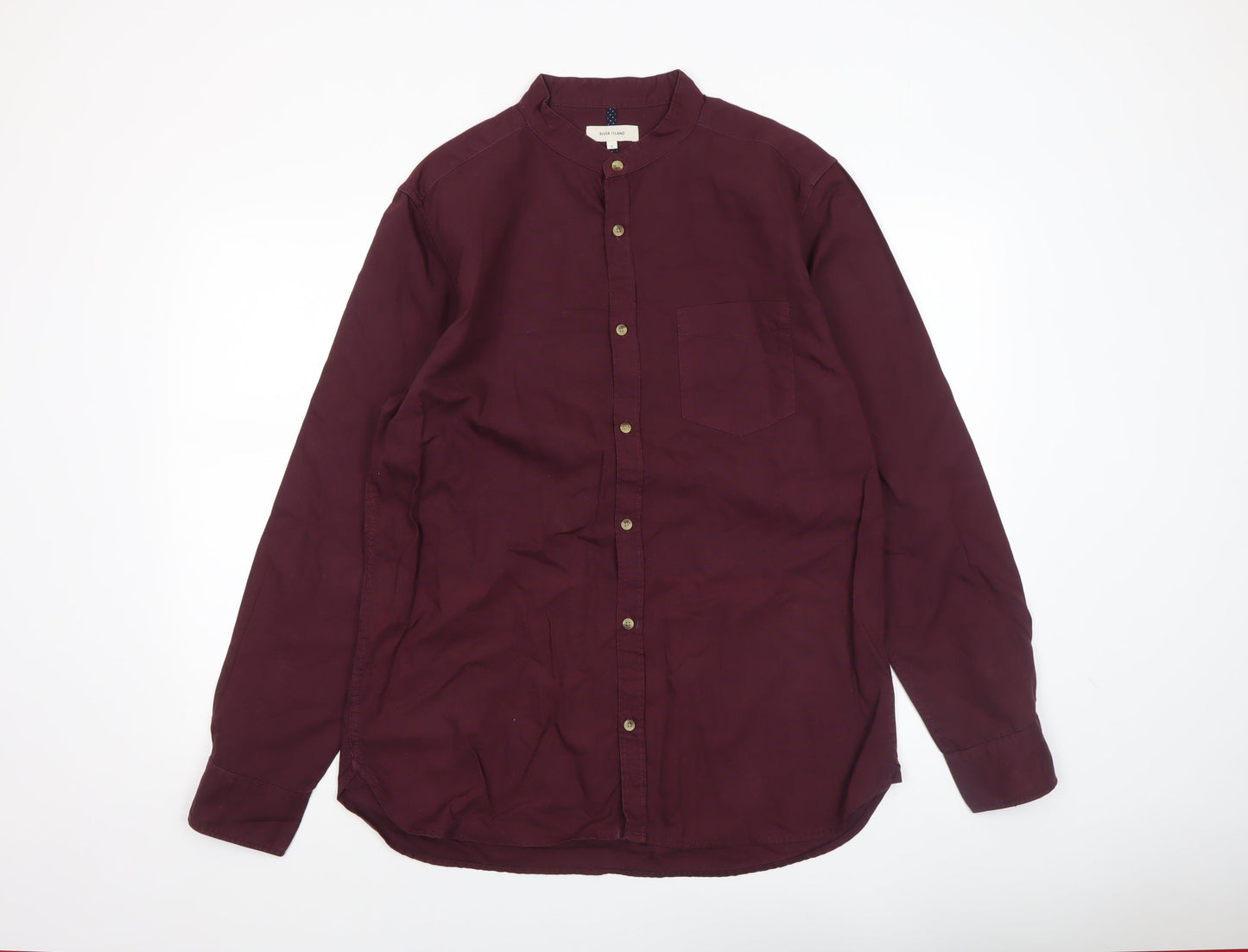 River Island Men’s Red Cotton Band Collar Long Sleeve Shirt Size L