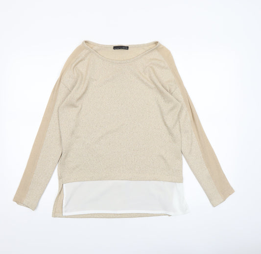 Zara Women Beige Knit Tunic Blouse Size S Long Sleeve Lightweight