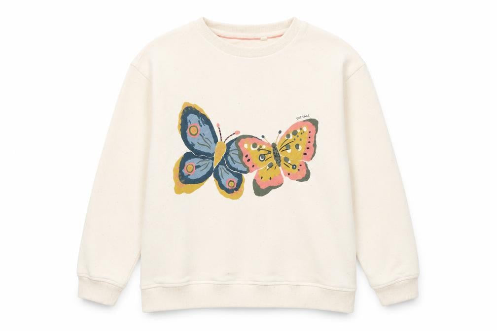 Front view of FatFace girls’ ivory butterfly print pullover sweatshirt 10-11 years
