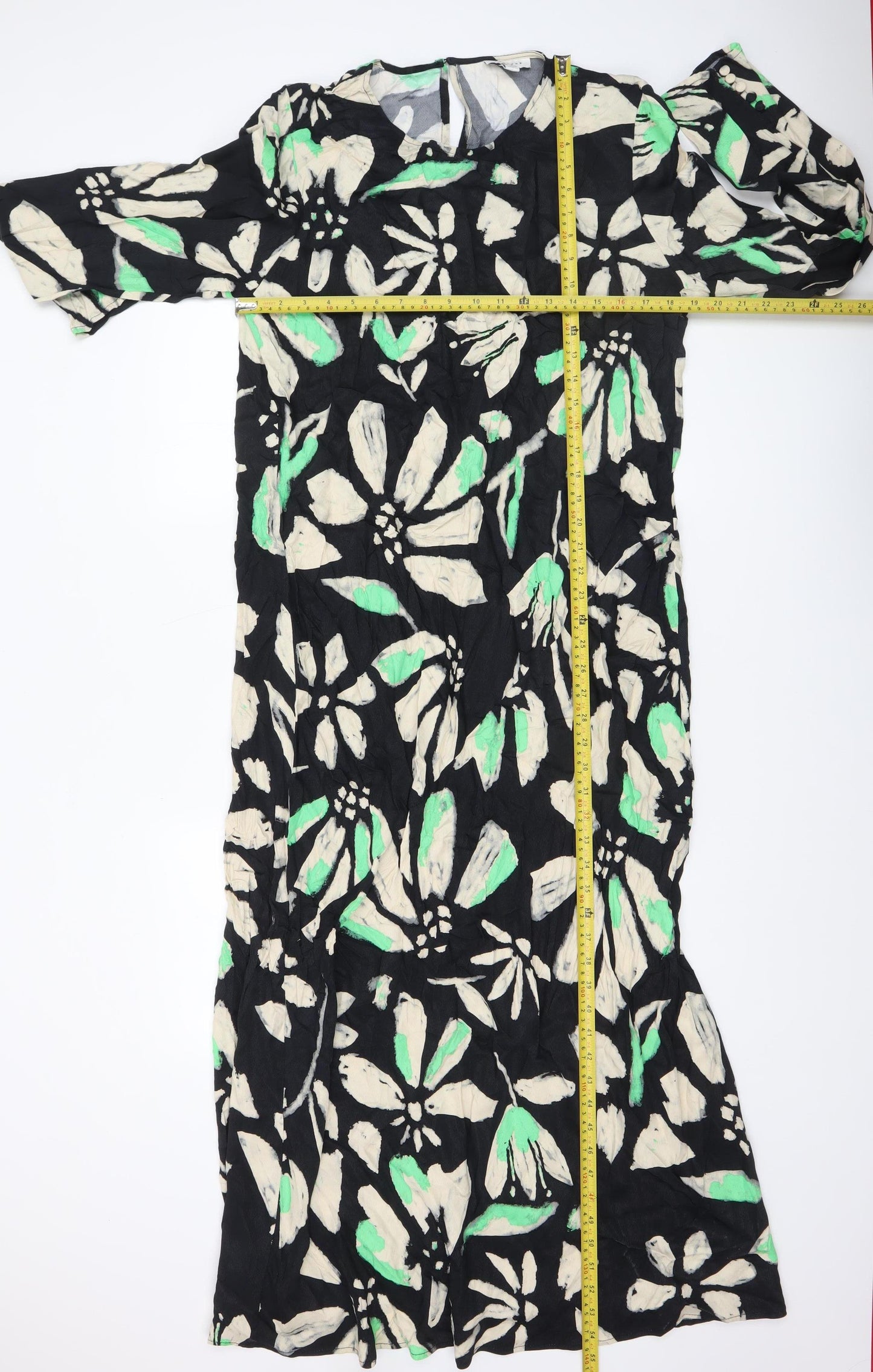 Topshop Women’s Black Floral Midi Shift Dress Size 16 3/4 Sleeve