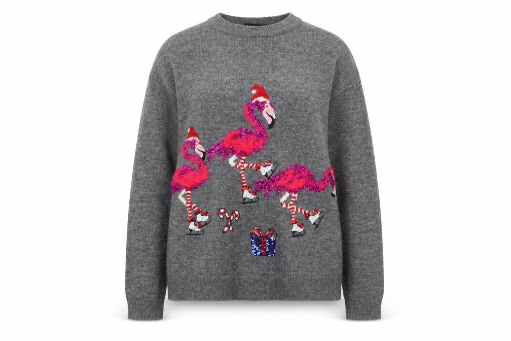 New Look Women’s Grey Christmas Flamingo Sequin Knit Jumper Size S