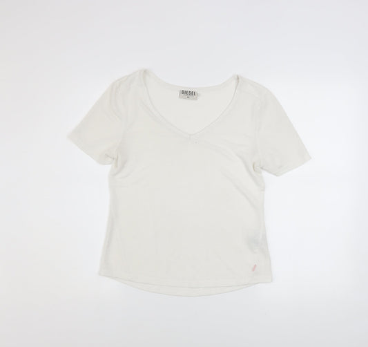 Diesel Womens Ivory V-Neck Short Sleeve Basic T-Shirt XS