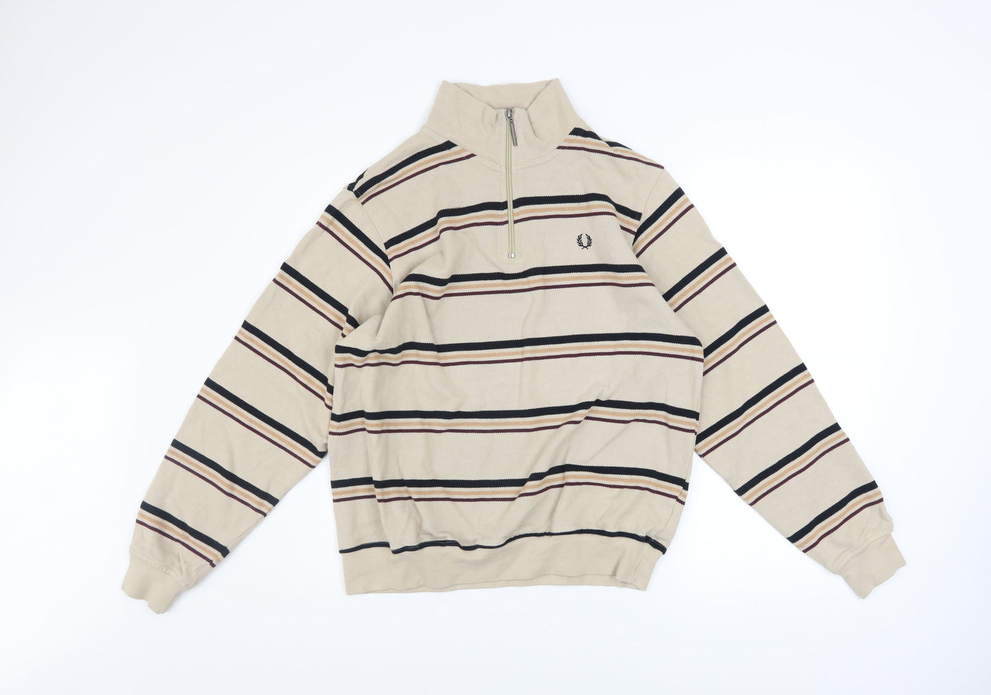 Fred Perry Men's Beige Striped 1/2 Zip Sweatshirt Size M