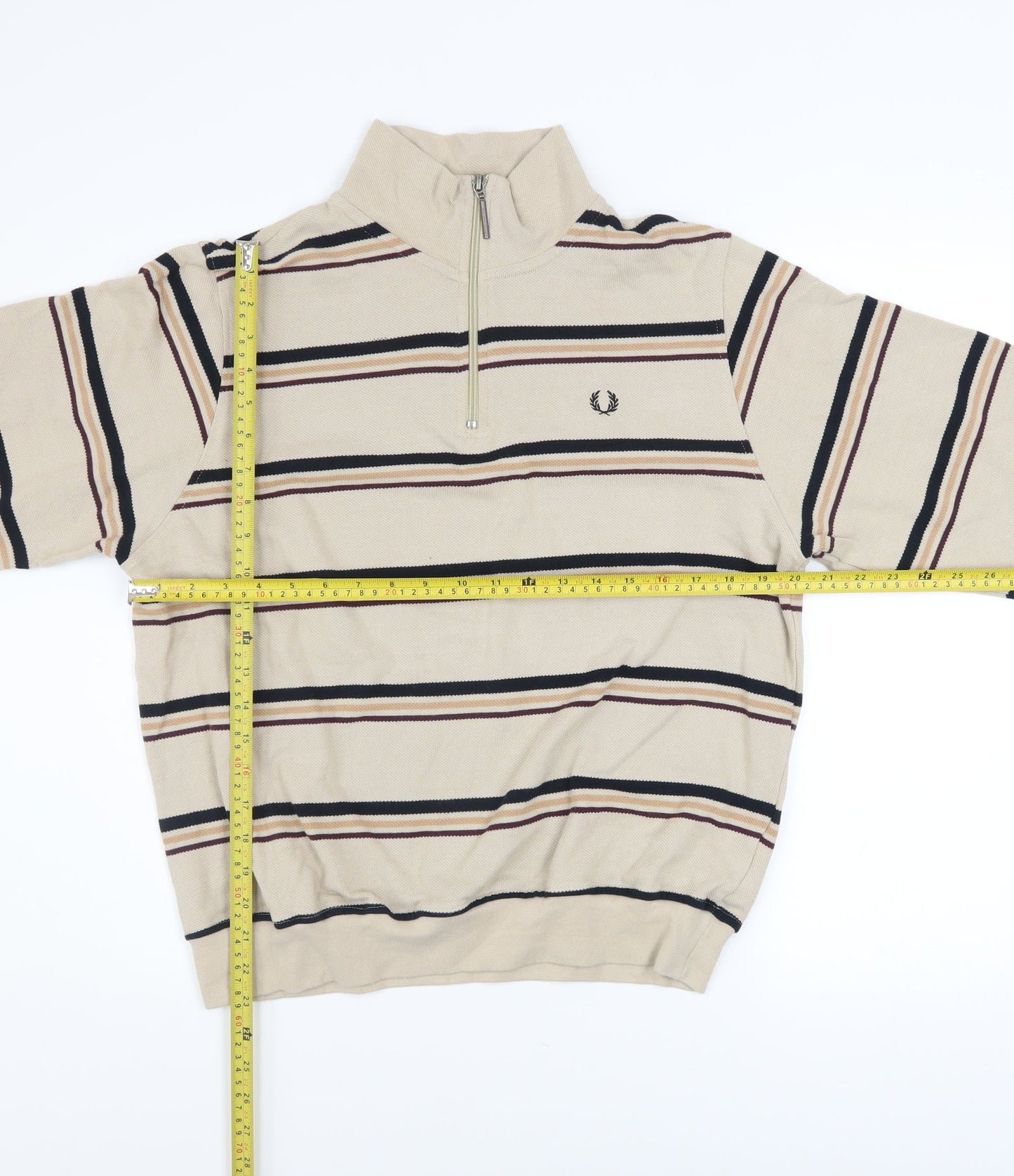 Fred Perry Men's Beige Striped 1/2 Zip Sweatshirt Size M