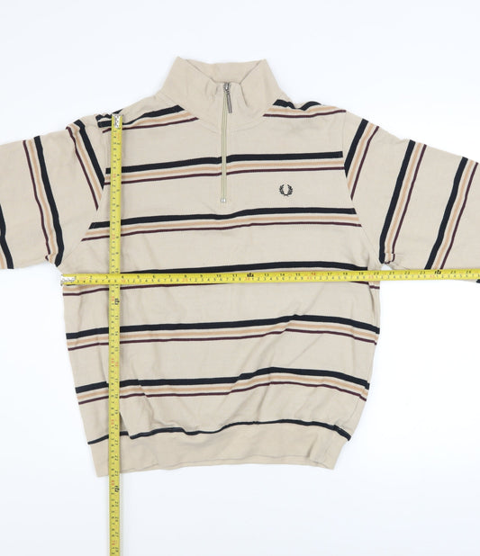 Fred Perry Men's Beige Striped 1/2 Zip Sweatshirt Size M