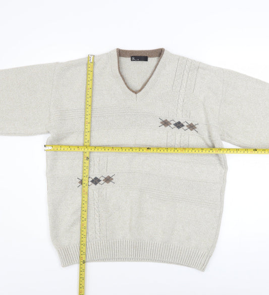 BHS Men's Beige Argyle V-Neck Cotton Acrylic Jumper Size S
