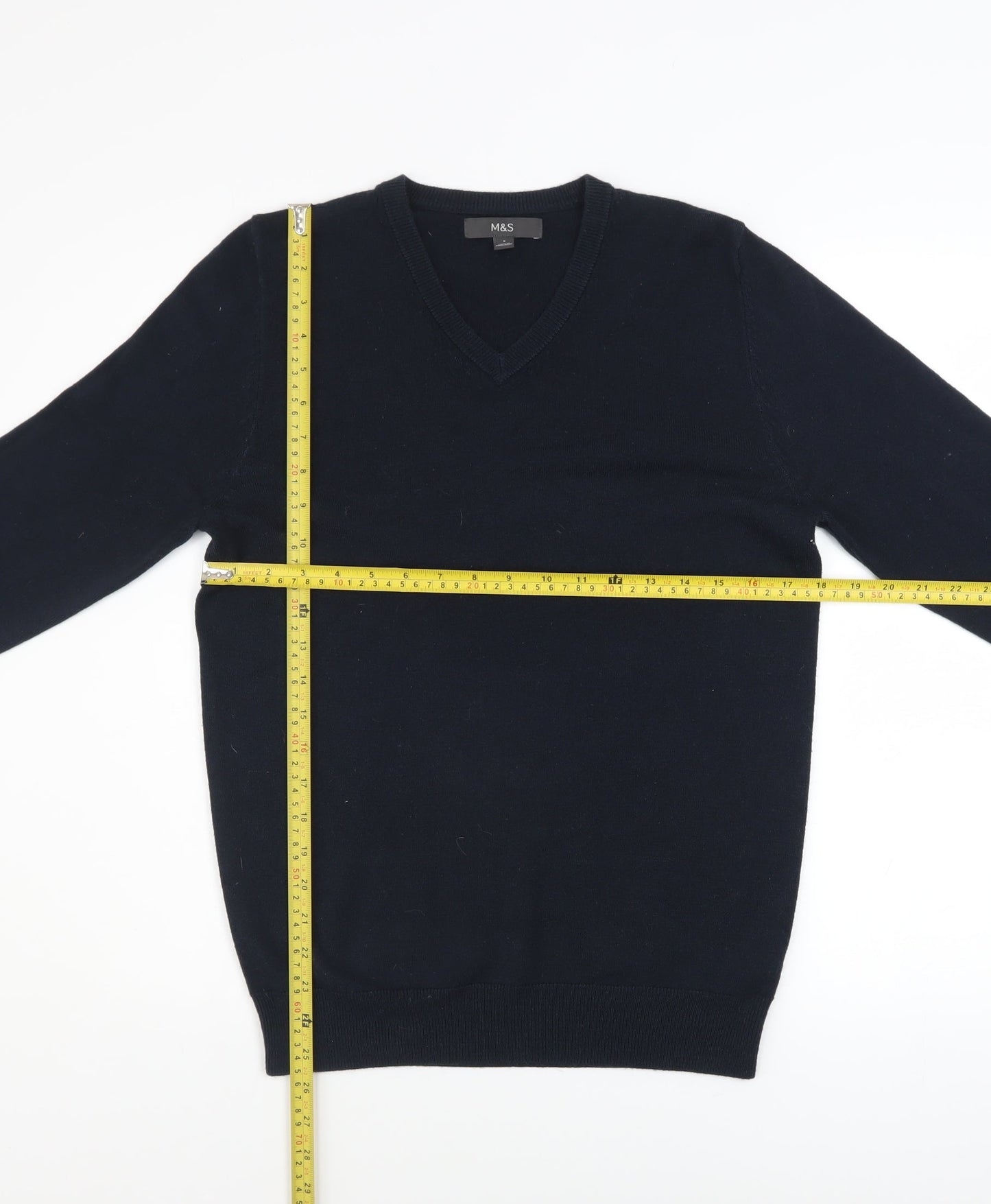 Marks and Spencer Men's Navy Blue V-Neck Acrylic Jumper Size S