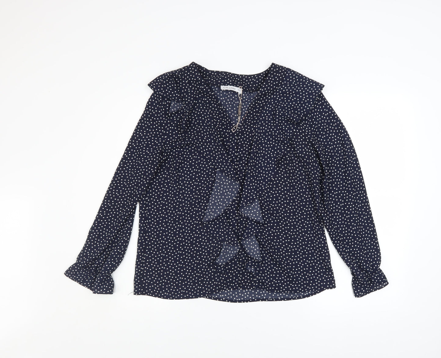 Gallery Womens Blue Polka Dot Ruffle Long Sleeve Blouse Size 10