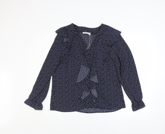 Gallery Womens Blue Polka Dot Ruffle Long Sleeve Blouse Size 10