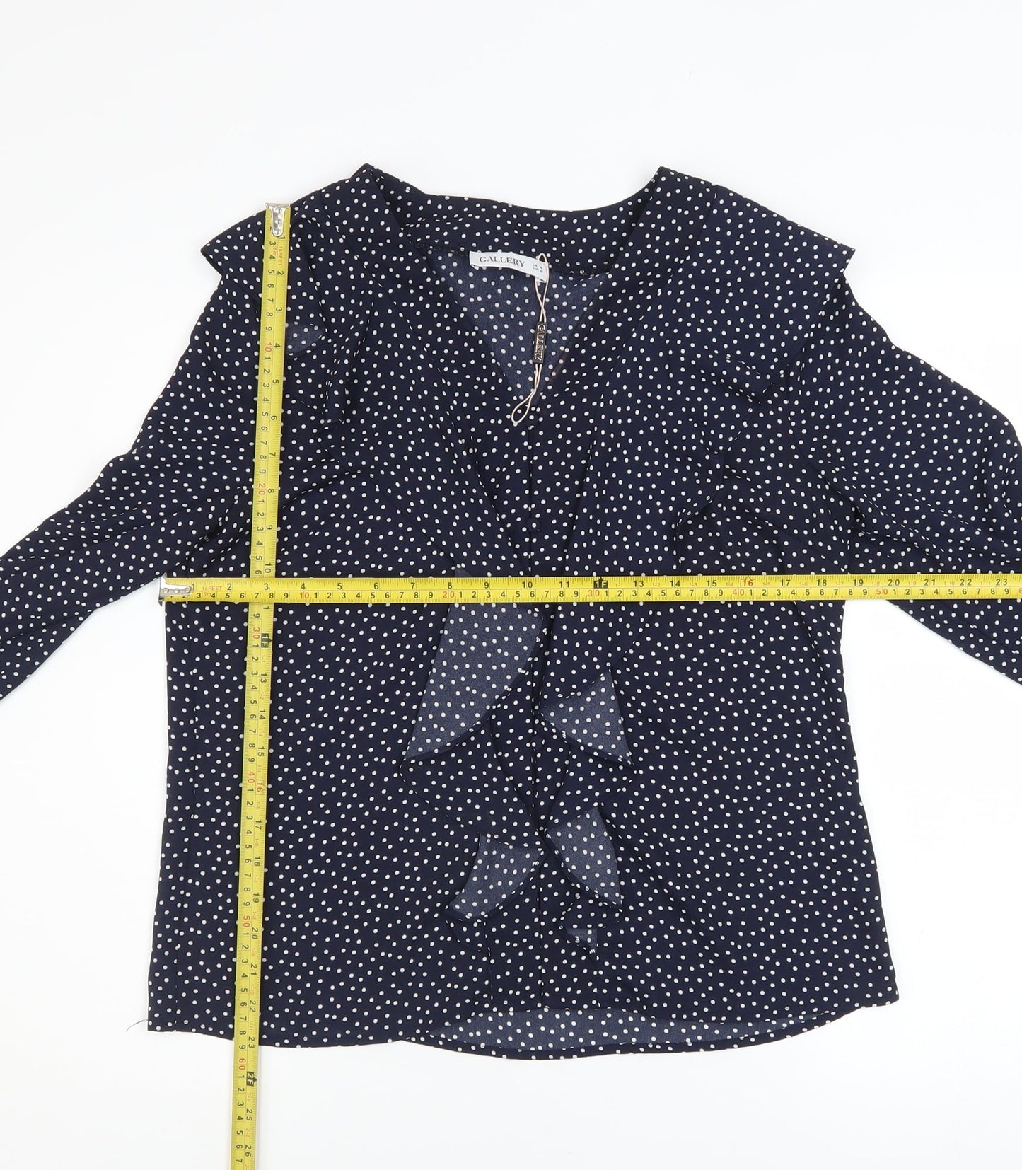 Gallery Womens Blue Polka Dot Ruffle Long Sleeve Blouse Size 10