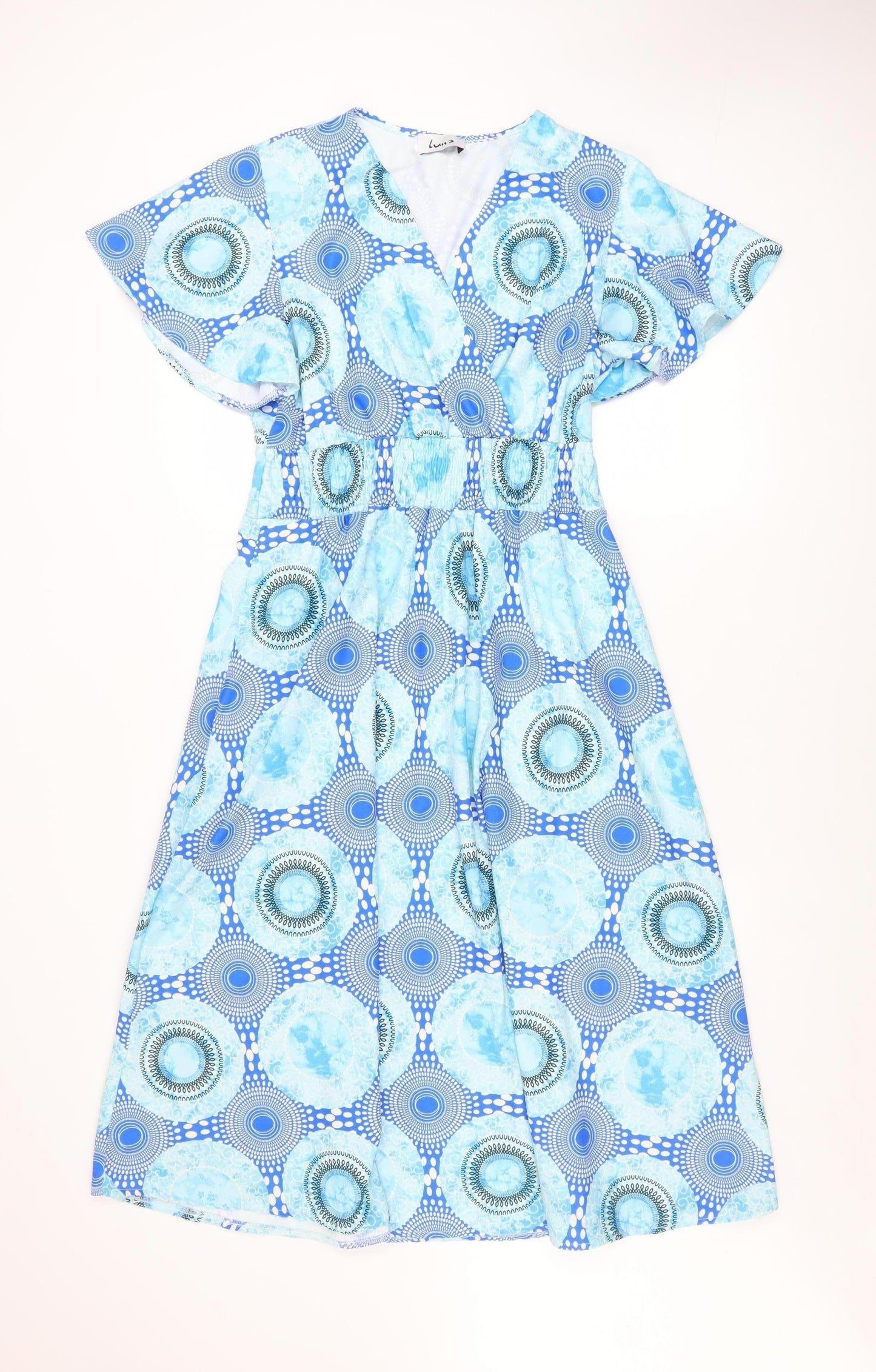 Luna Women Blue Geometric A-Line Midi Dress S Short Sleeve V-Neck