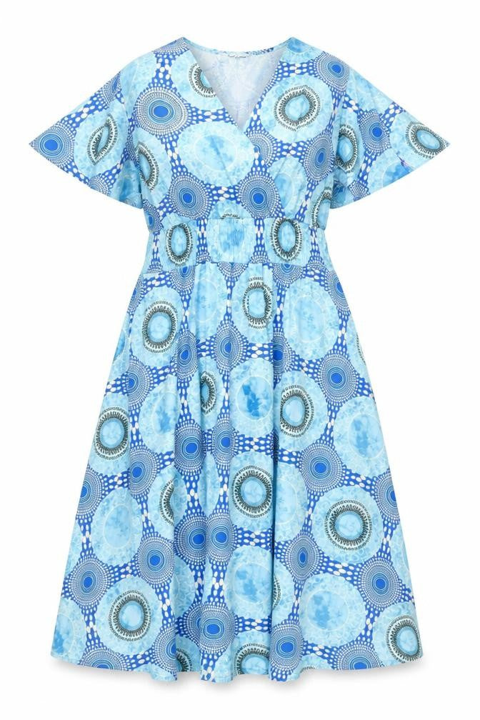 Luna Women Blue Geometric A-Line Midi Dress S Short Sleeve V-Neck
