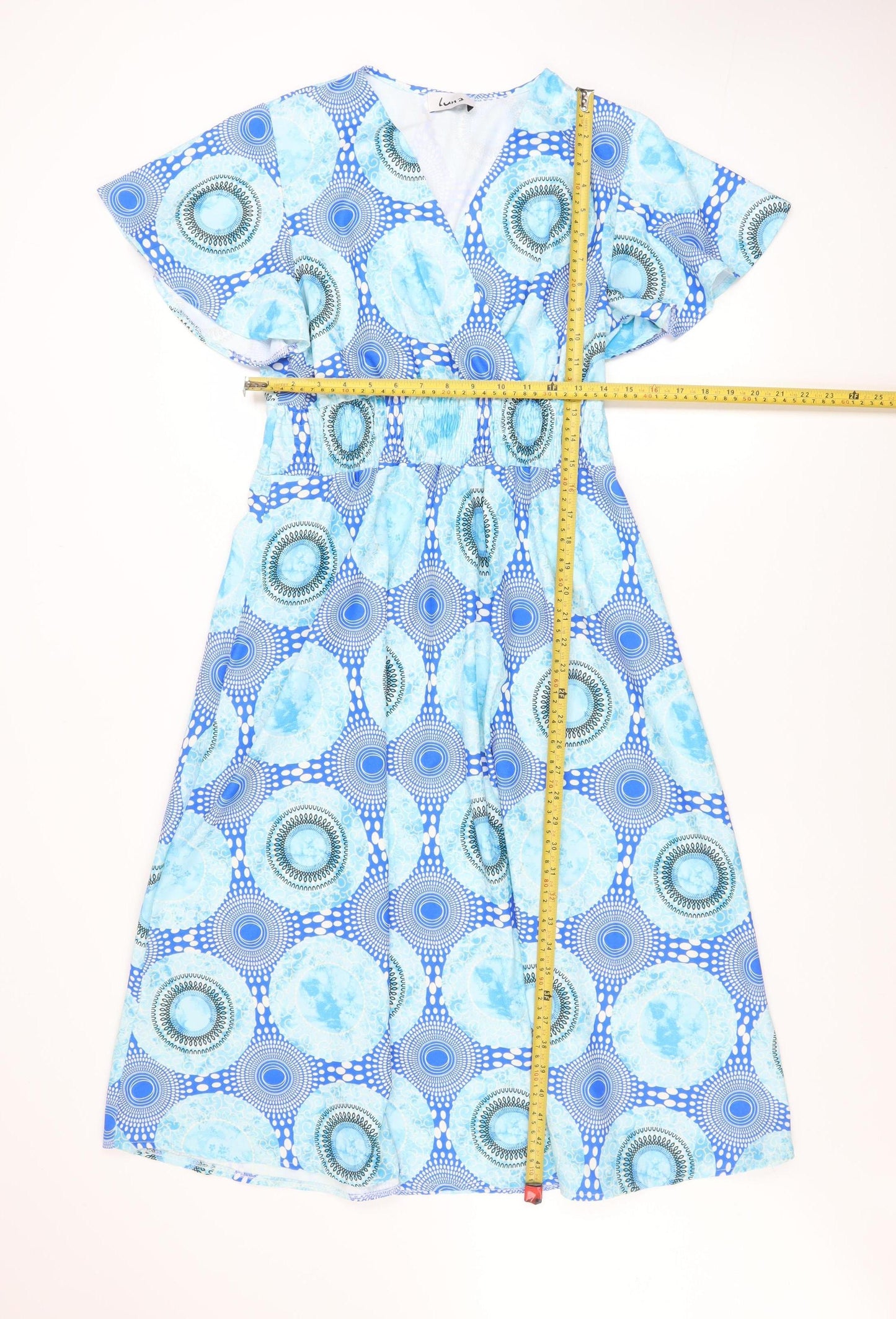 Luna Women Blue Geometric A-Line Midi Dress S Short Sleeve V-Neck