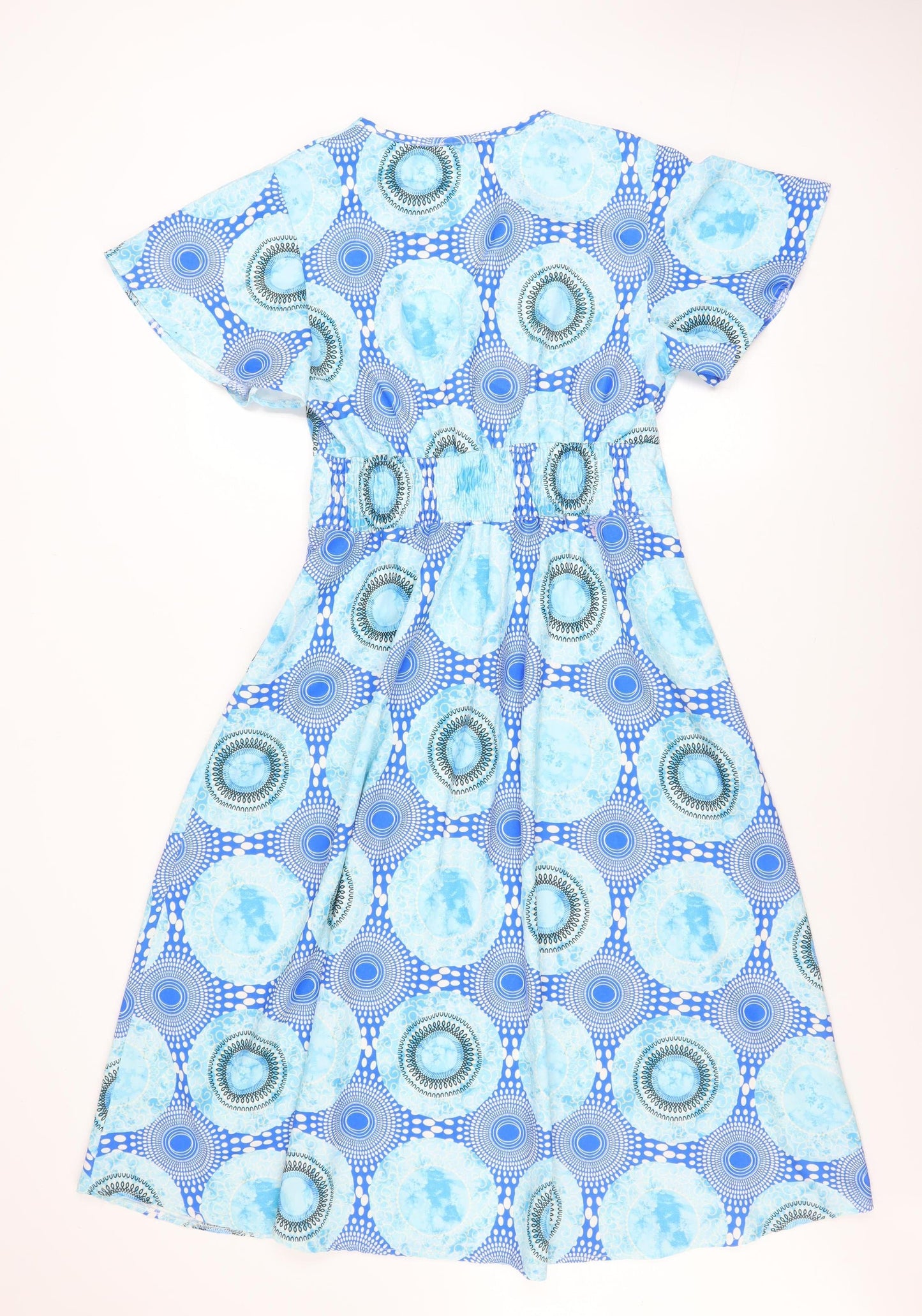 Luna Women Blue Geometric A-Line Midi Dress S Short Sleeve V-Neck