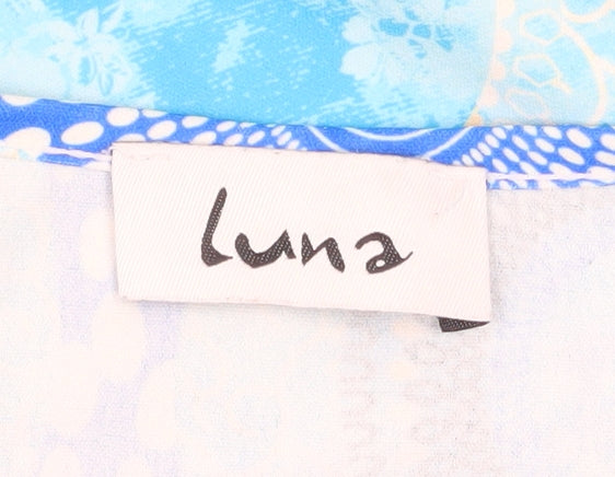Luna Women Blue Geometric A-Line Midi Dress S Short Sleeve V-Neck