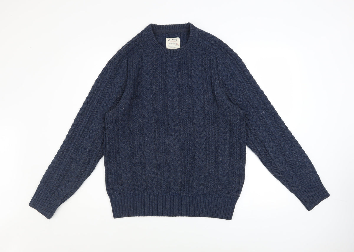 Fat Face Men's Blue Cable-Knit Wool Blend Crew Neck Jumper Size M