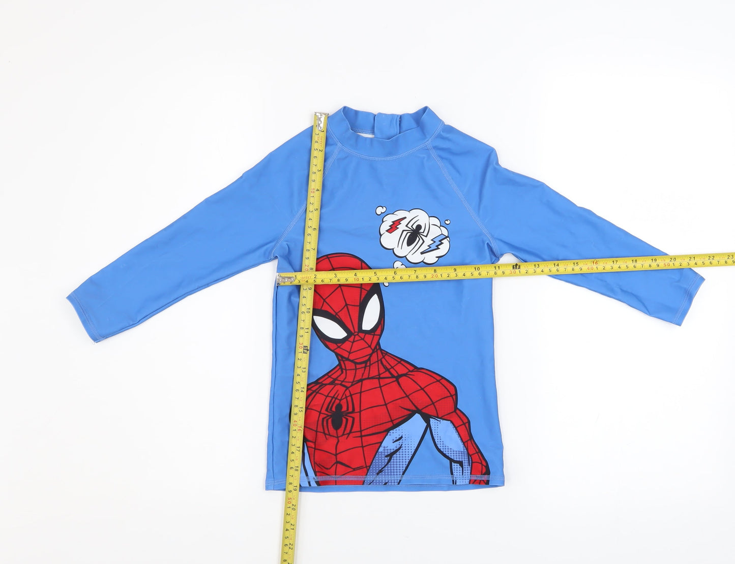 Marks and Spencer Boys Blue Spider-Man Rash Guard 7-8 Years UV Protection Swim Top
