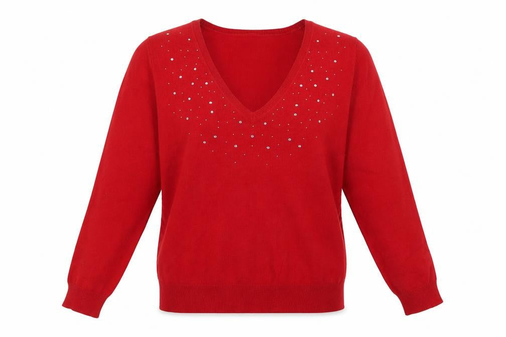 Marks and Spencer Women's Red V-Neck Rhinestone Pullover Jumper UK 10