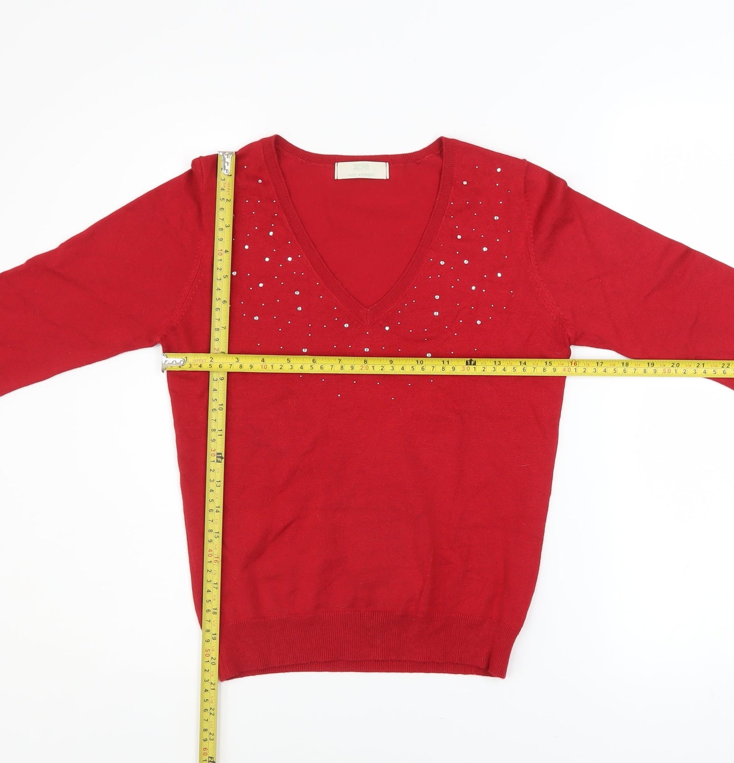 Marks and Spencer Women's Red V-Neck Rhinestone Pullover Jumper UK 10