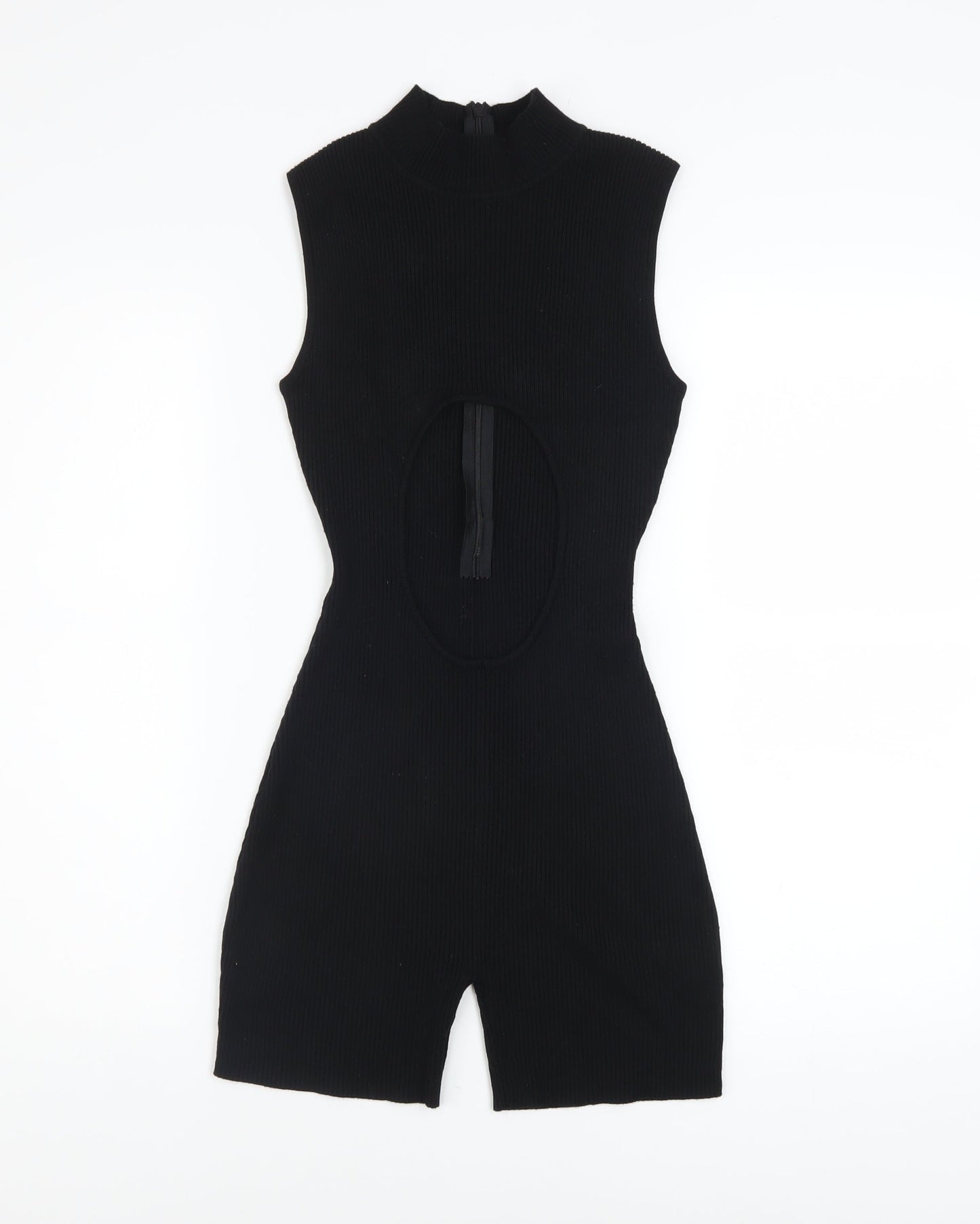 PrettyLittleThing Women Black Sleeveless Cut Out Ribbed Playsuit Size S