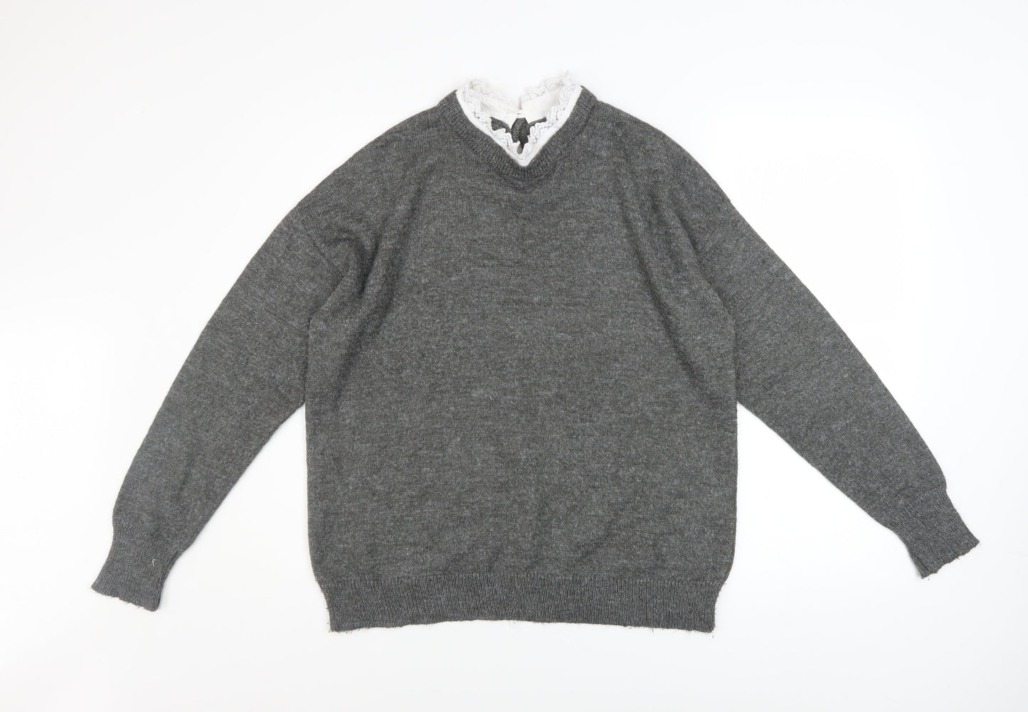 RR Women’s Grey V-Neck Knit Jumper Lace Detail Size L