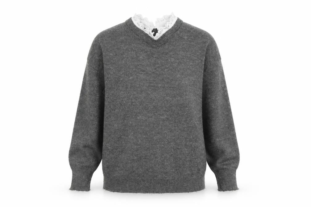 RR Women’s Grey V-Neck Knit Jumper Lace Detail Size L