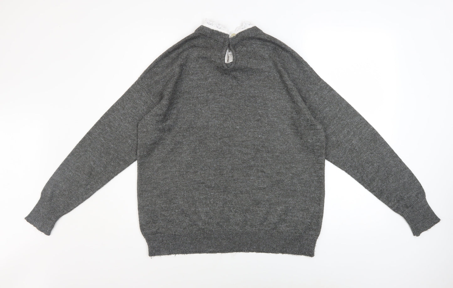 RR Women’s Grey V-Neck Knit Jumper Lace Detail Size L