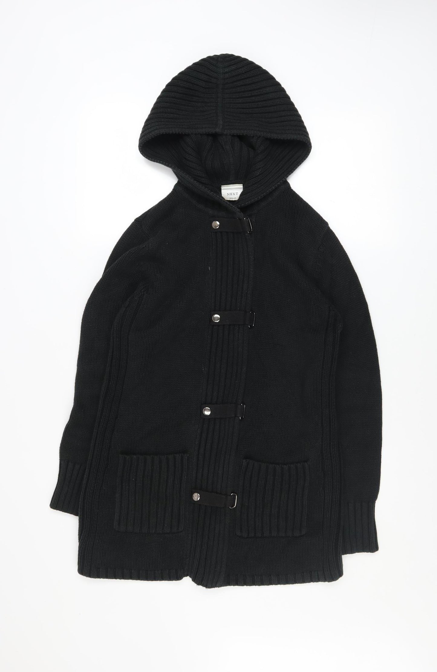 Next Women Black Hooded Knit Coatigan Size M Cotton Blend