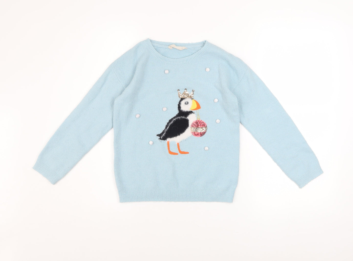 John Lewis Girls Blue Puffin Crown Jumper Size 7 Years Acrylic Blend