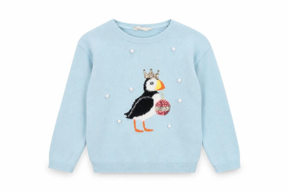 John Lewis Girls Blue Puffin Crown Jumper Size 7 Years Acrylic Blend