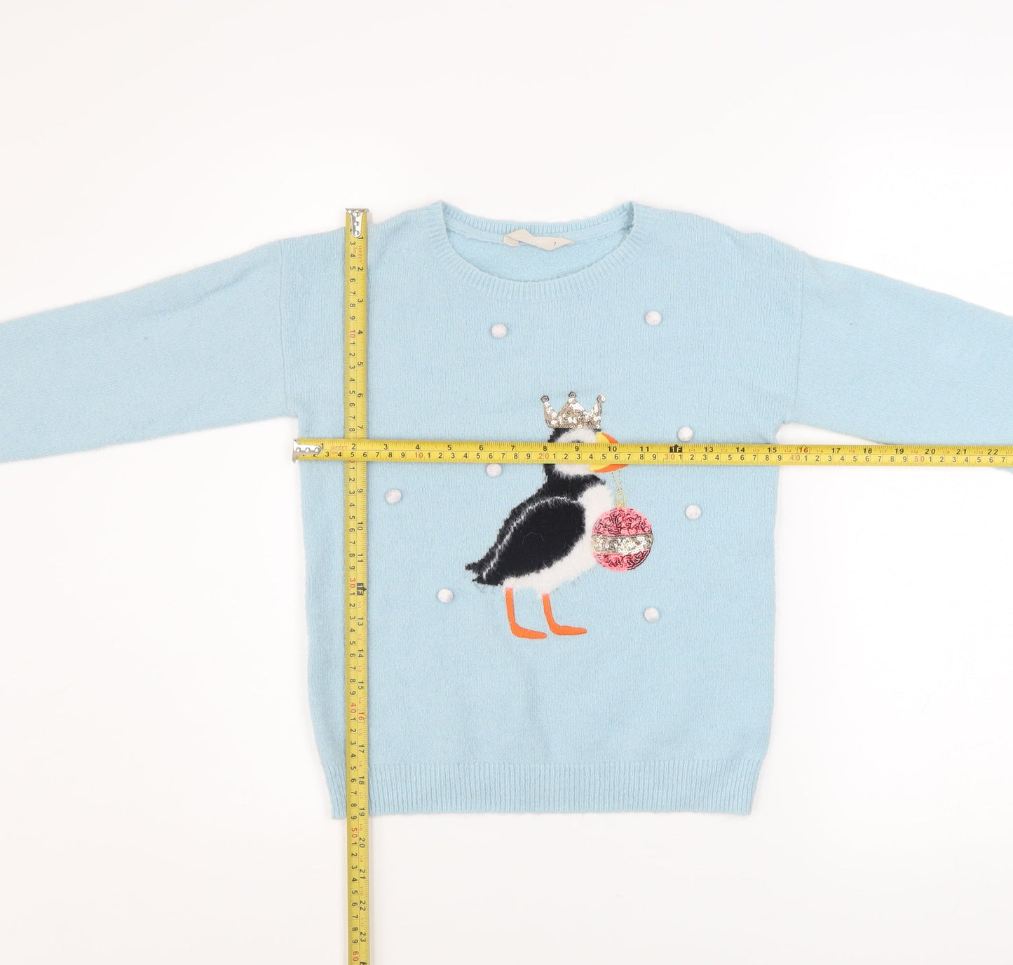 John Lewis Girls Blue Puffin Crown Jumper Size 7 Years Acrylic Blend